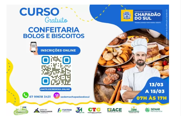 Imagem de compartilhamento para o artigo Prefeitura oferece curso de Confeiteiro e Empreendedor em Chapadão do Sul da MS Todo dia